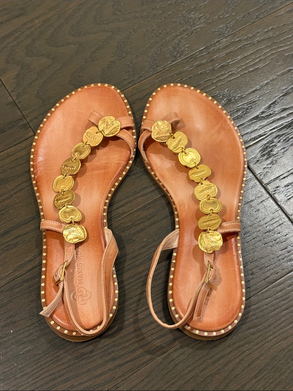 Tan Leather T-Strap Sandals with Gold Coin Accents- Leather made in Greece